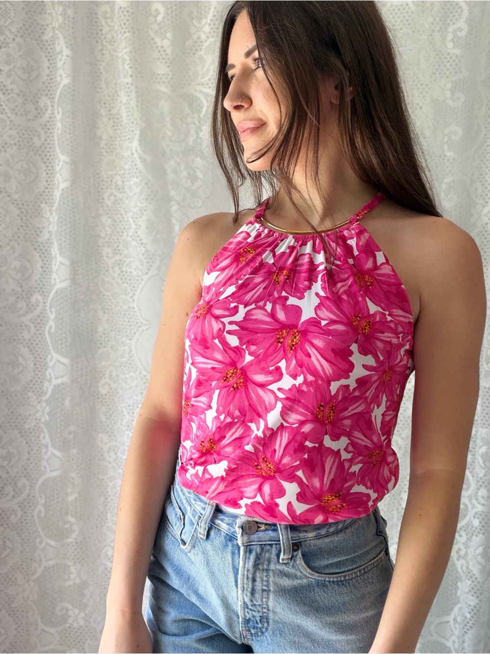 Y2K Pink Floral Halter Top I.N.C Gold Hardware Sleeveless Stretch Blouse